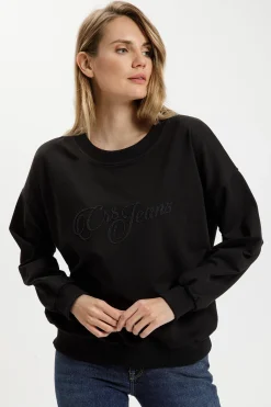 Bluza damska czarna z nadrukiem 65370-020<Cross Jeans Outlet