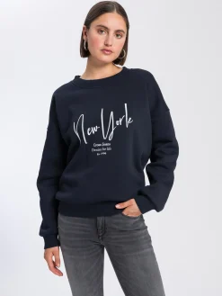 Bluza damska granatowa z nadrukiem 65378-001<Cross Jeans Discount