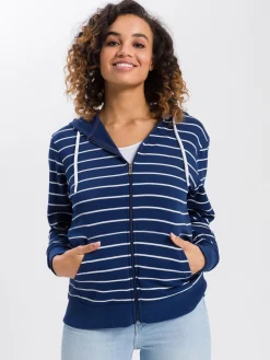 Bluza damska z kapturem rozpinana granatowa w pasy 65281-470<Cross Jeans Discount