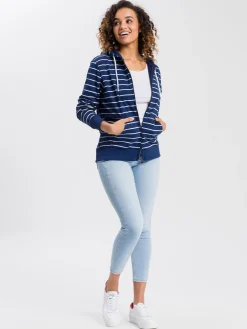 Bluza damska z kapturem rozpinana granatowa w pasy 65281-470<Cross Jeans Discount