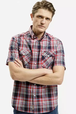 Koszula męska czerwona w kratkę z krótkim rękawem 35599-466 RED/BLUE<Cross Jeans Sale