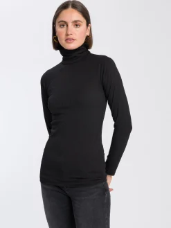 Longsleeve damski czarny z golfem 56035-020<Cross Jeans Online
