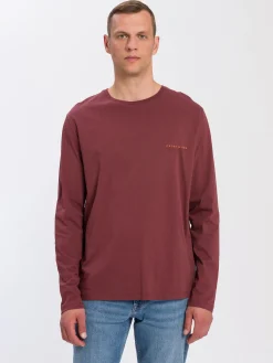 Longsleeve męski brązowy z małym nadrukiem 15863-025<Cross Jeans Outlet