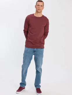 Longsleeve męski brązowy z małym nadrukiem 15863-025<Cross Jeans Outlet