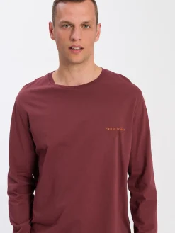 Longsleeve męski brązowy z małym nadrukiem 15863-025<Cross Jeans Outlet
