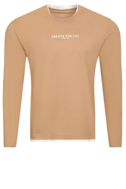 Longsleeve męski jasny z nadrukiem 15884-082 TOBACCO BROWN<Cross Jeans Outlet