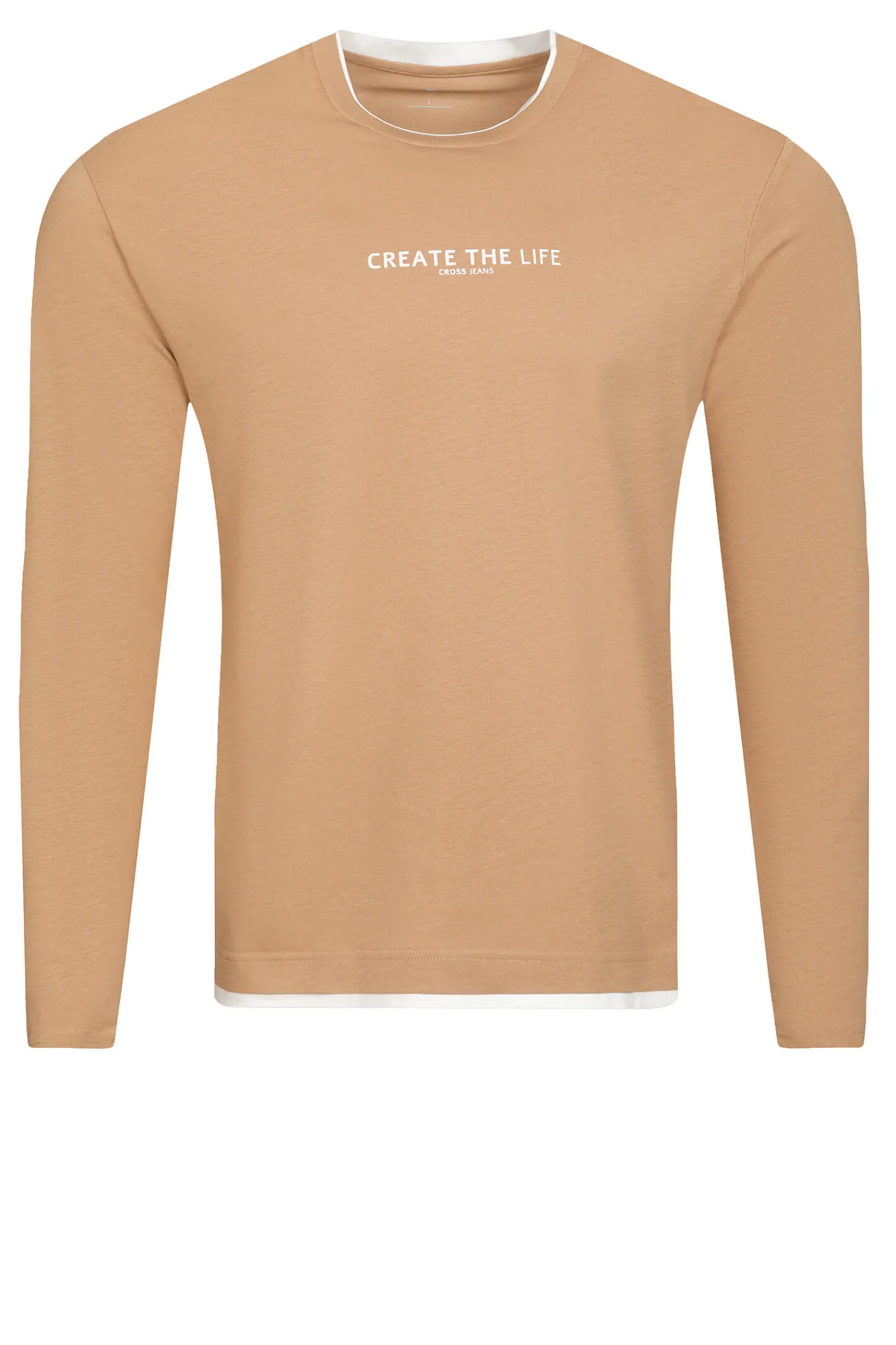 Longsleeve męski jasny z nadrukiem 15884-082 TOBACCO BROWN<Cross Jeans Outlet
