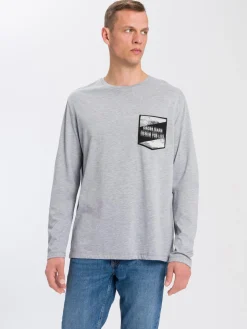 Longsleeve męski szary z nadrukiem 15859-004 GREY MELANGE<Cross Jeans Best