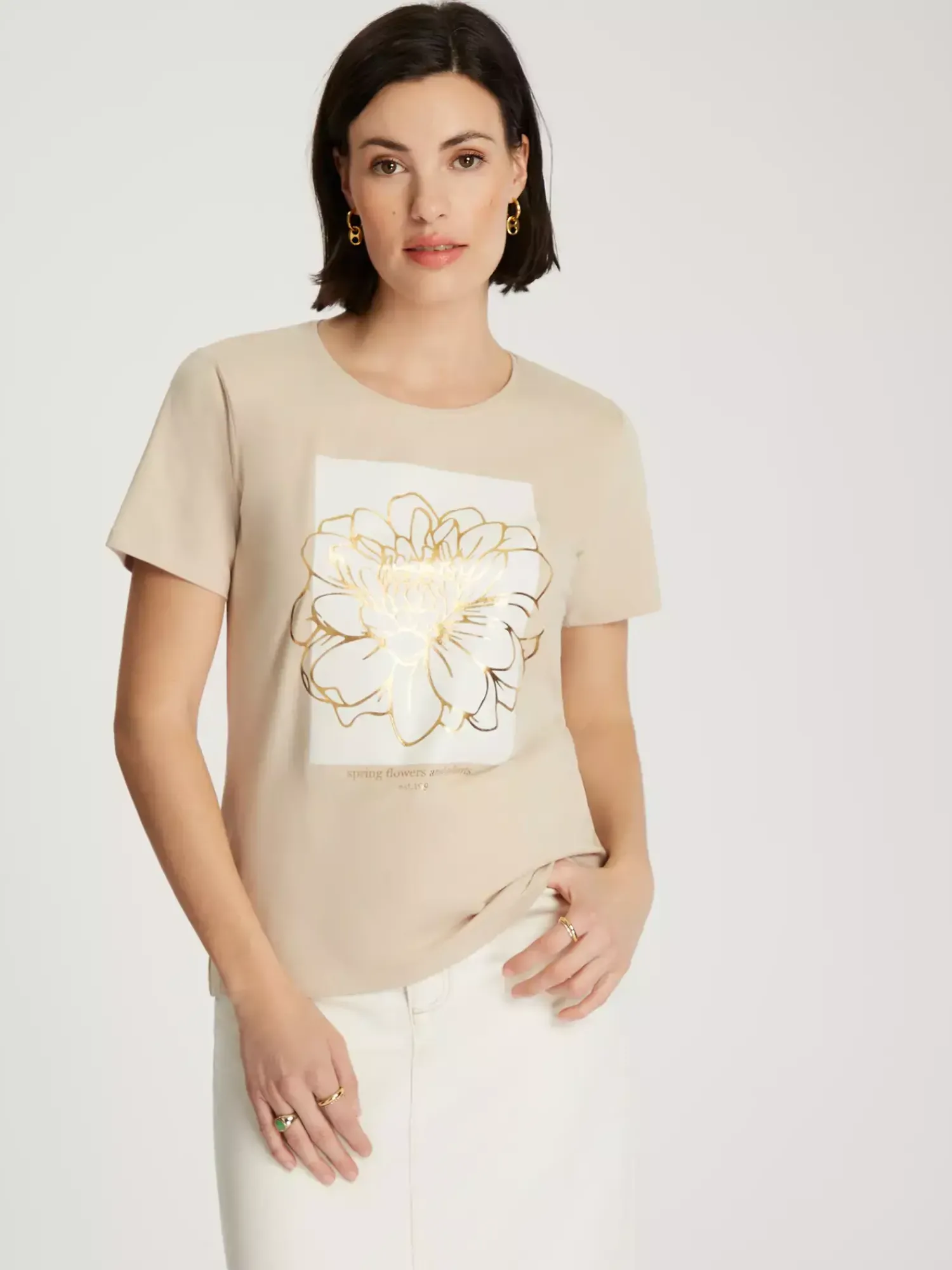 T-shirt damski beżowy z nadrukiem 56149-053<Cross Jeans Online