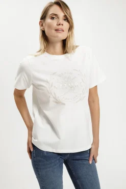 T-shirt damski beżowy z nadrukiem 56017-028<Cross Jeans Hot