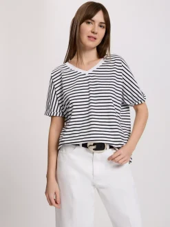 T-shirt damski biały w paski 56190-008<Cross Jeans Online