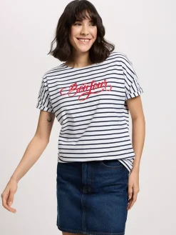 T-shirt damski biały w paski 56169-008<Cross Jeans New