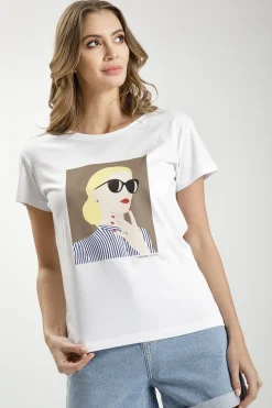 T-shirt damski biały z nadrukiem 55958-008<Cross Jeans Discount