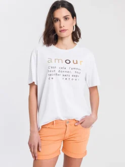 T-shirt damski biały z nadrukiem 55937-008<Cross Jeans Fashion