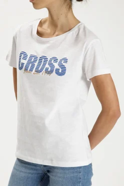 T-shirt damski biały z nadrukiem 55875-008<Cross Jeans Clearance