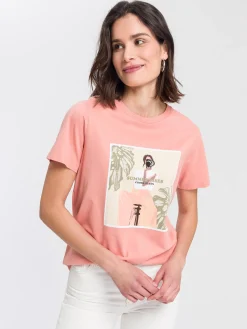 T-shirt damski brzoskwiniowy z nadrukiem 55918-303<Cross Jeans Online