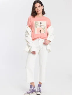 T-shirt damski brzoskwiniowy z nadrukiem 55918-303<Cross Jeans Online