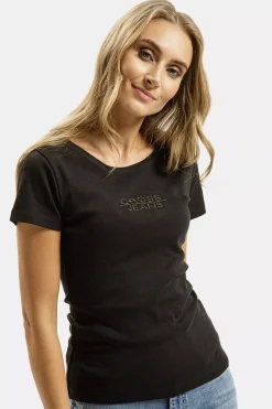 T-shirt damski czarny z aplikacją 55577-020<Cross Jeans Sale