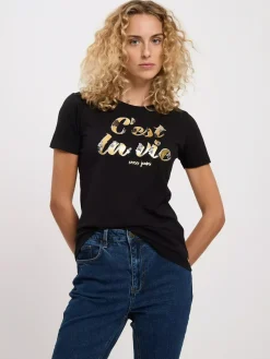 T-shirt damski czarny z nadrukiem 56148-020<Cross Jeans Outlet