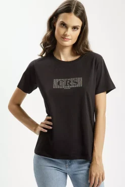 T-shirt damski czarny z nadrukiem 56145-020<Cross Jeans New