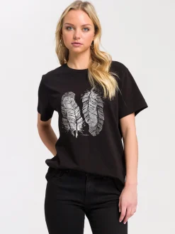 T-shirt damski czarny z nadrukiem 56026-020<Cross Jeans Best