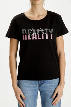 T-shirt damski czarny z nadrukiem 55864-020<Cross Jeans Best