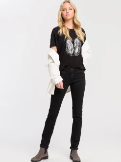 T-shirt damski czarny z nadrukiem 56026-020<Cross Jeans Best