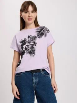 T-shirt damski fioletowy z nadrukiem 56164-654 LIGHT LAVANDER<Cross Jeans Discount