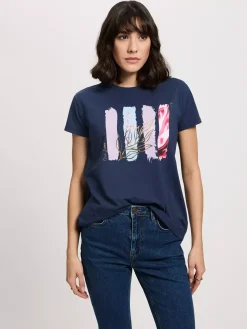T-shirt damski granatowy z nadrukiem 56187-001<Cross Jeans Discount