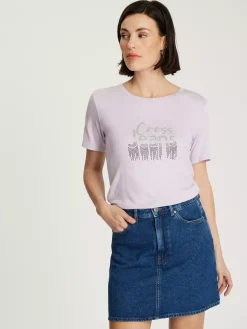 T-shirt damski jasnofioletowy z nadrukiem 56177-654 LIGHT LAVANDER<Cross Jeans Clearance