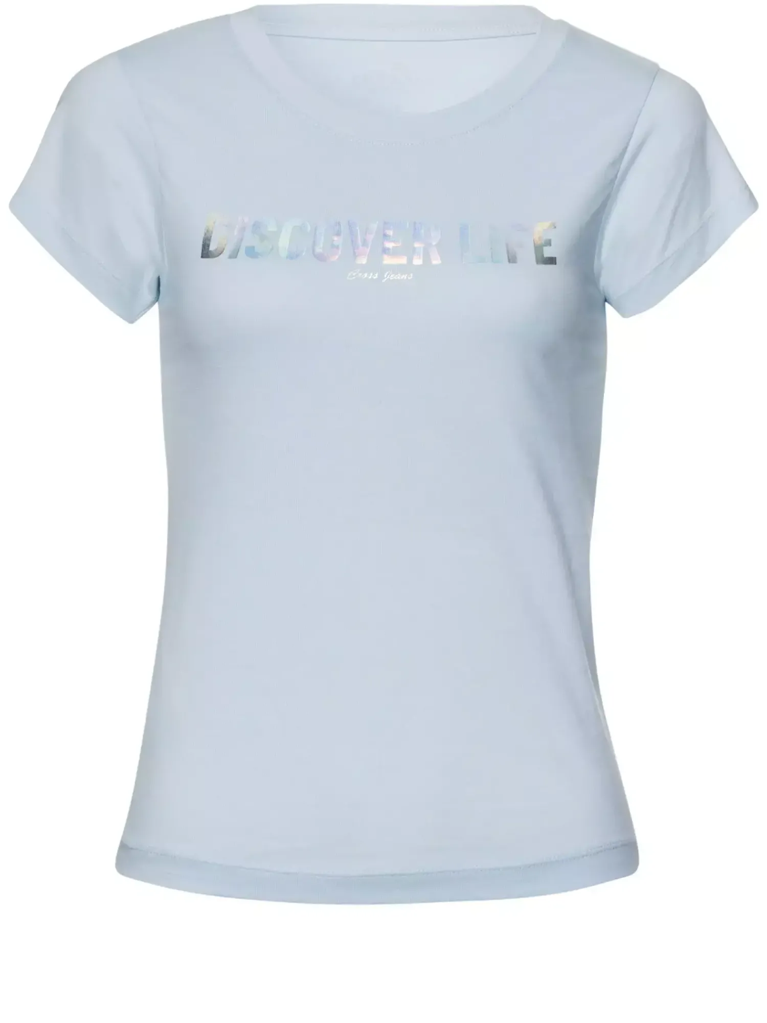 T-shirt damski jasnoniebieski z nadrukiem 56176-071 LIGHT BLUE<Cross Jeans Online