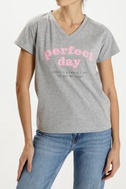 T-shirt damski szary z nadrukiem 55867-004 GREY MELANGE<Cross Jeans New