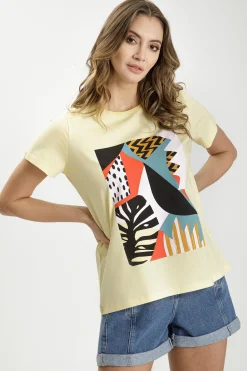 T-shirt damski żółty z nadrukiem 55963-006<Cross Jeans Fashion