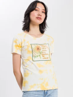 T-shirt damski żółty z nadrukiem 55822-146 OCHRE<Cross Jeans Discount