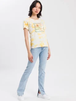 T-shirt damski żółty z nadrukiem 55822-146 OCHRE<Cross Jeans Discount