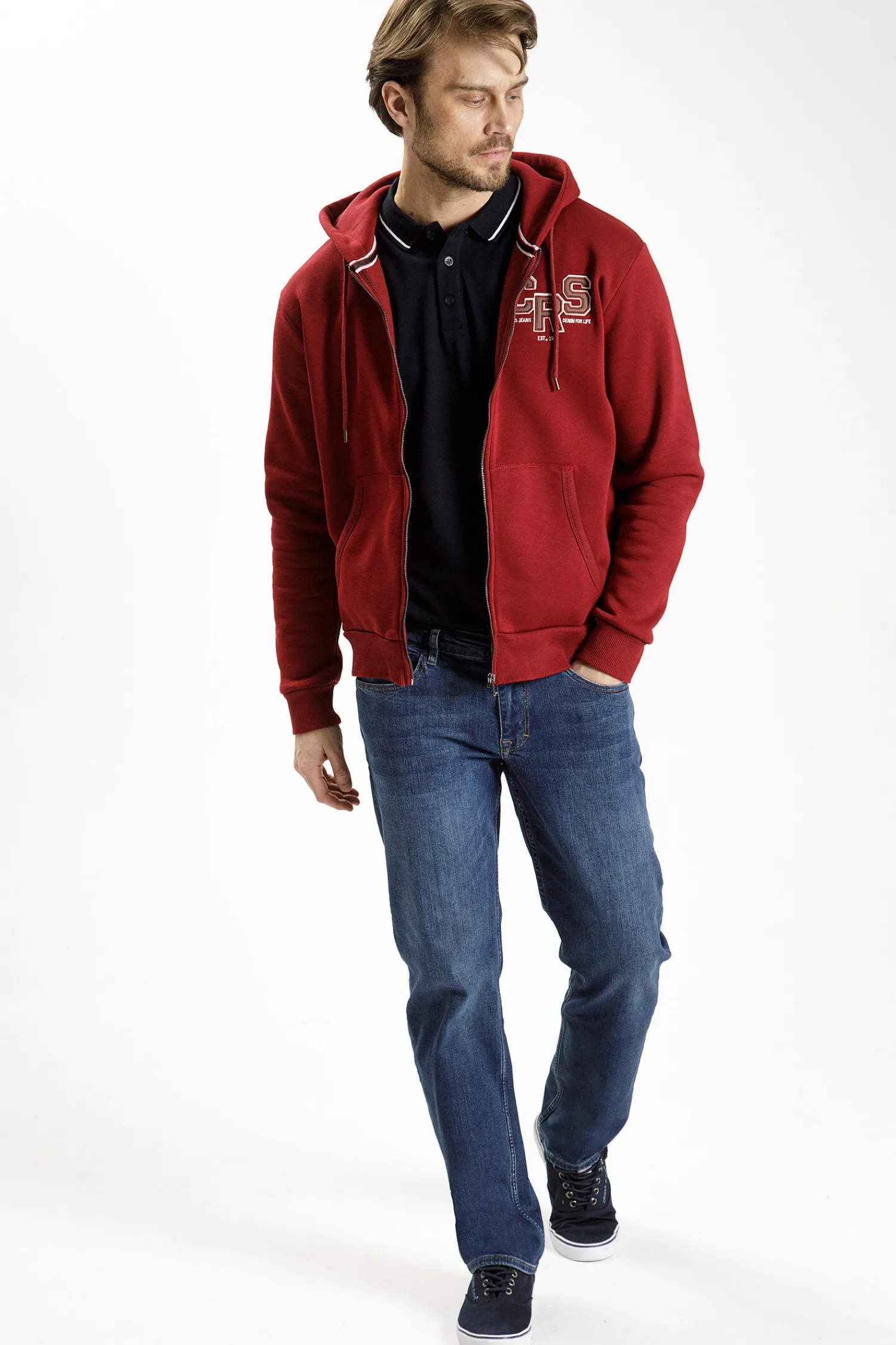 T-shirt męski granatowy polo 15295-001<Cross Jeans Clearance
