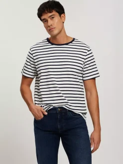 T-shirt męski granatowy w paski 16067-001<Cross Jeans Hot