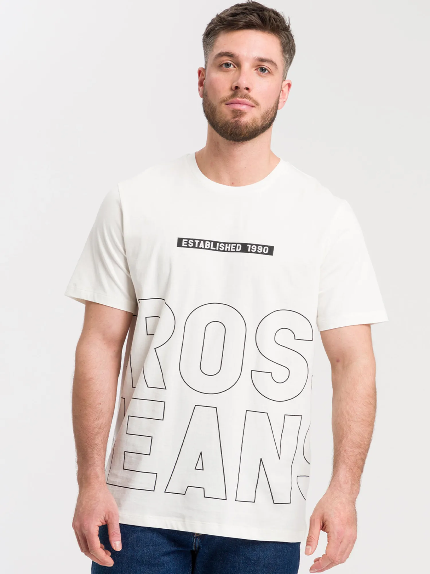 T-shirt męski jasny z nadrukiem 15788-028<Cross Jeans New