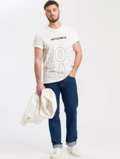 T-shirt męski jasny z nadrukiem 15788-028<Cross Jeans New