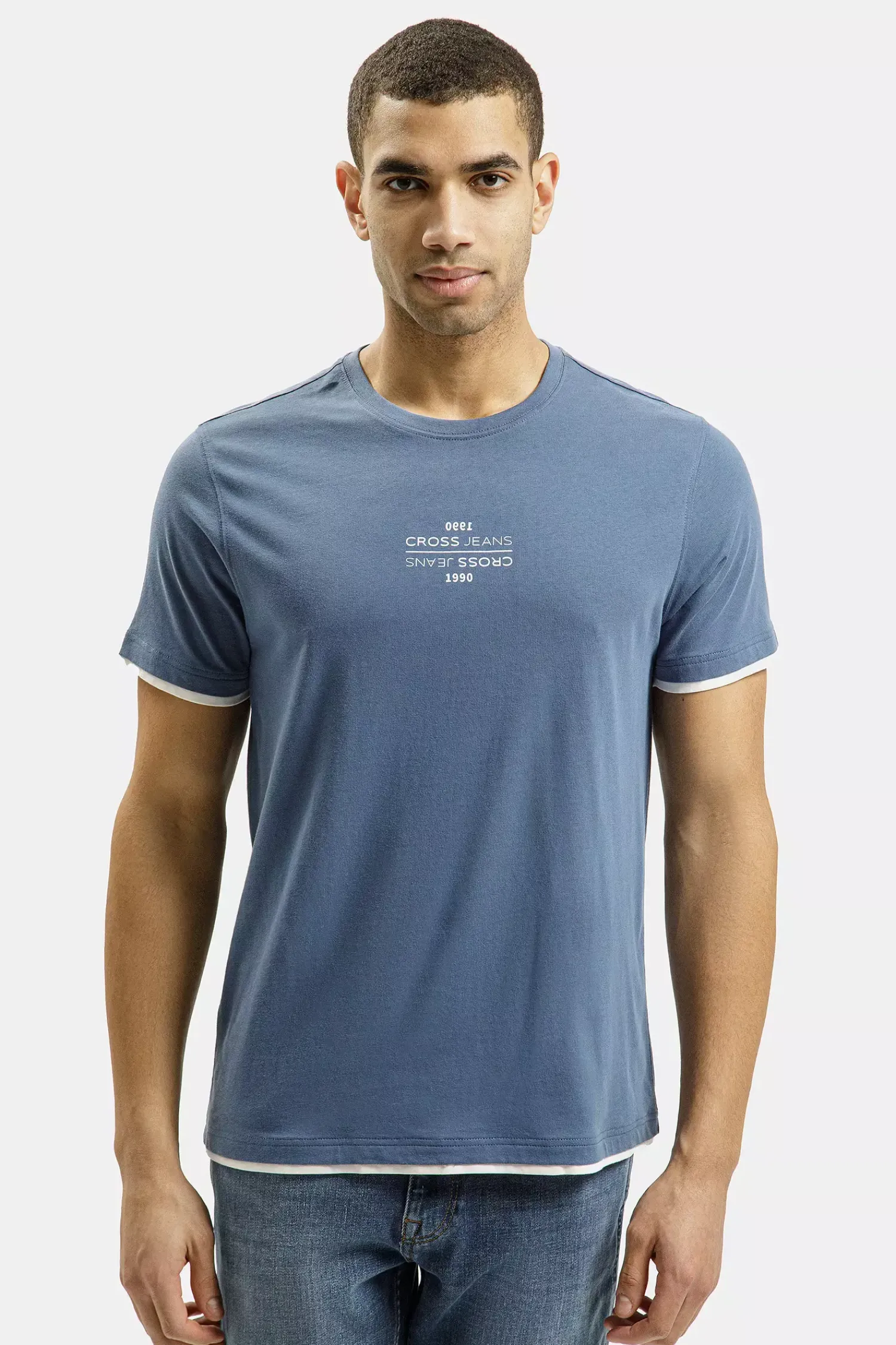 T-shirt męski niebieski 16057-005<Cross Jeans Sale
