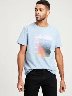 T-shirt męski niebieski z nadrukiem 15914-005<Cross Jeans Sale