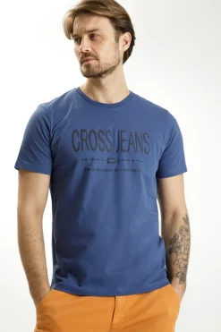 T-shirt męski niebieski z nadrukiem 15821-005<Cross Jeans Online
