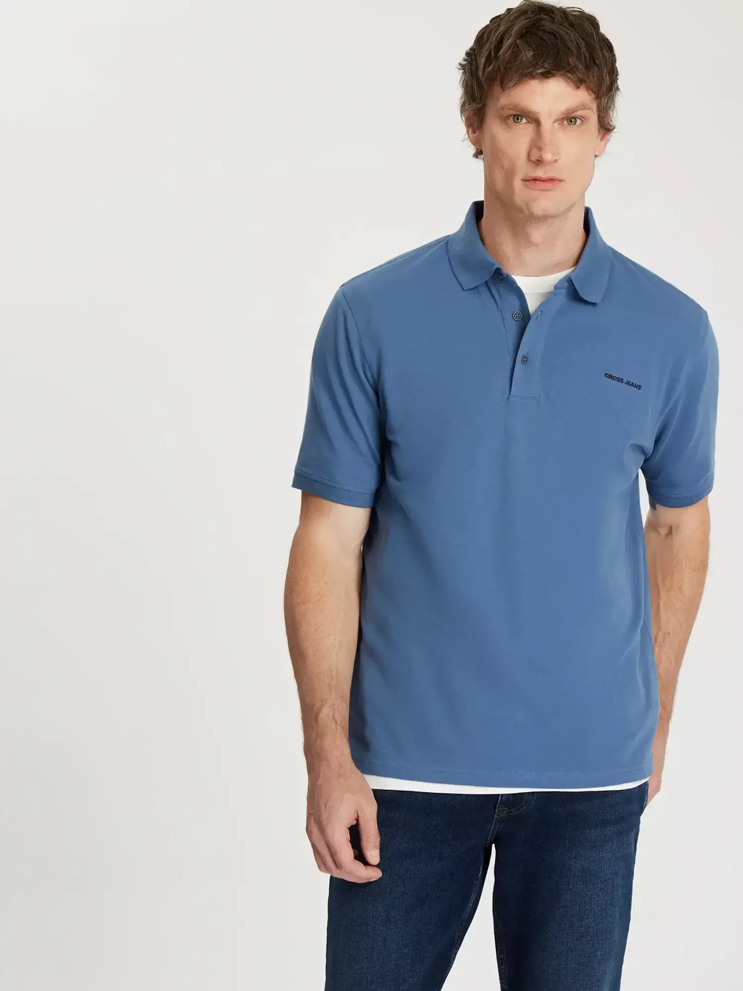 T-shirt męski polo niebieski 16081-005<Cross Jeans Fashion