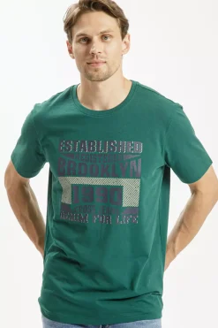 T-shirt męski zielony z nadrukiem 16021-027<Cross Jeans Online